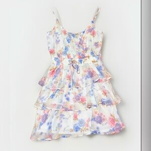 FRANCESCA’S Mi Ami Women’s Ivory Floral Tier Chiffon Mini Dress
